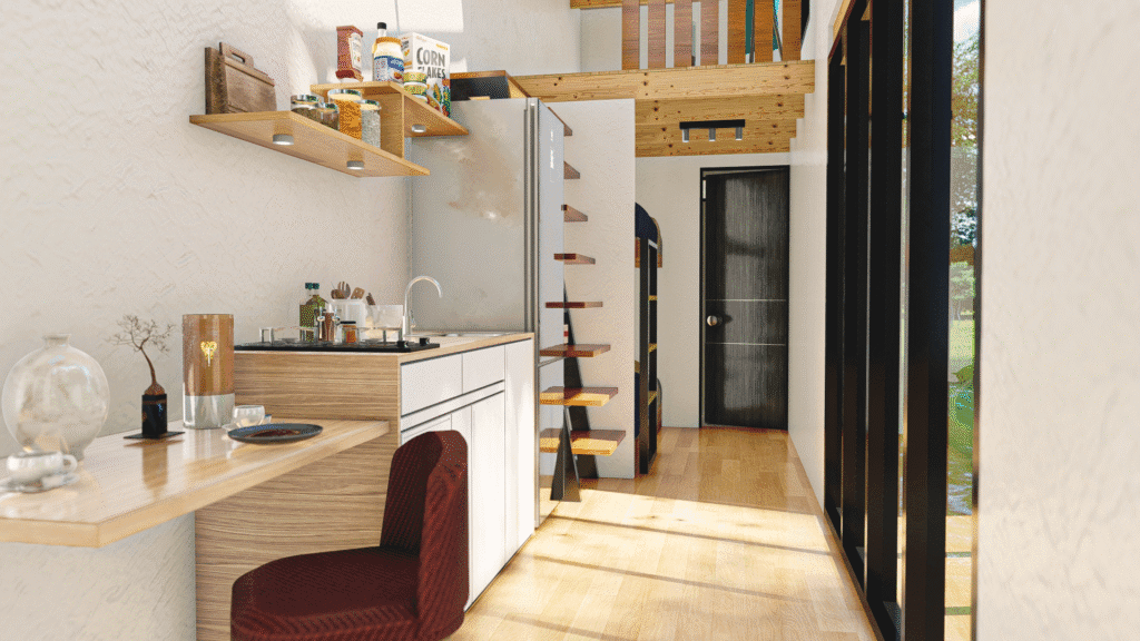 diseño minimalista de tinny house y turístico.