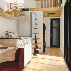 diseño minimalista de tinny house y turístico.