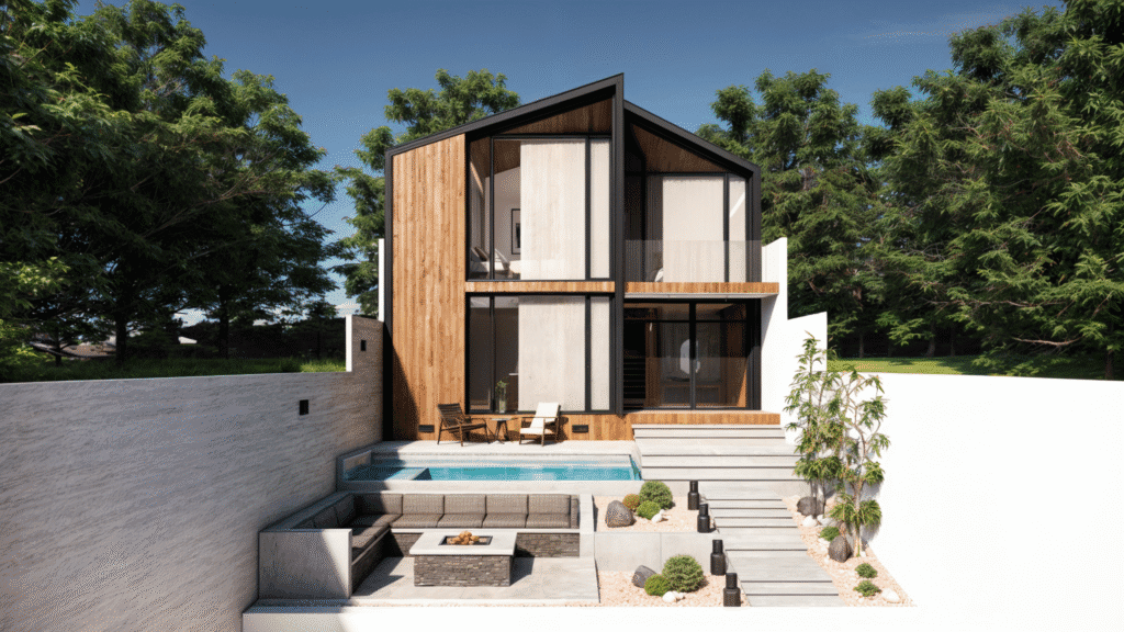 diseño cabaña turística, diseño moderno minimalista y tecnológico.