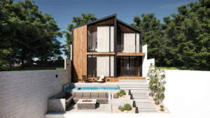 diseño cabaña turística, diseño moderno minimalista y tecnológico.