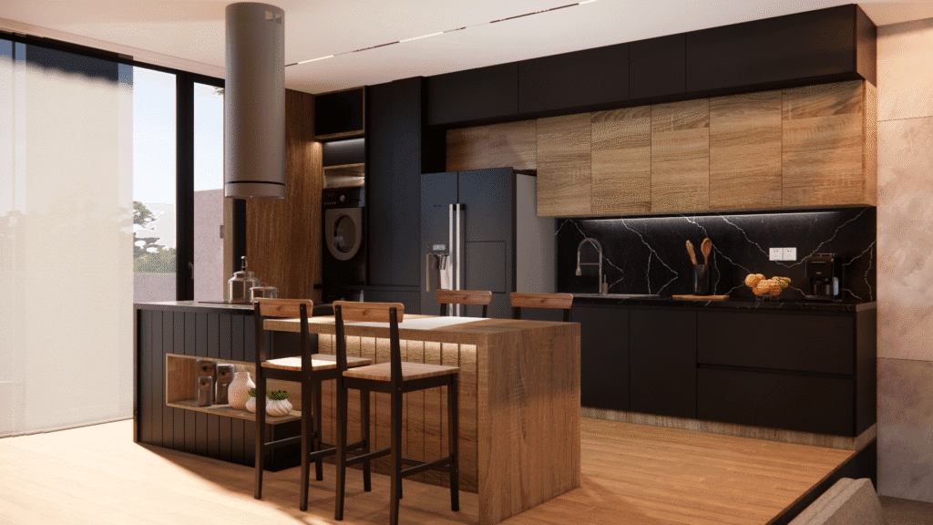 diseño de cabaña turística, moderna tecnológica.